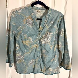 Y2K Christopher & Banks 3/4 Sleeve Cotton Teal Flower Pattern Top - Medium